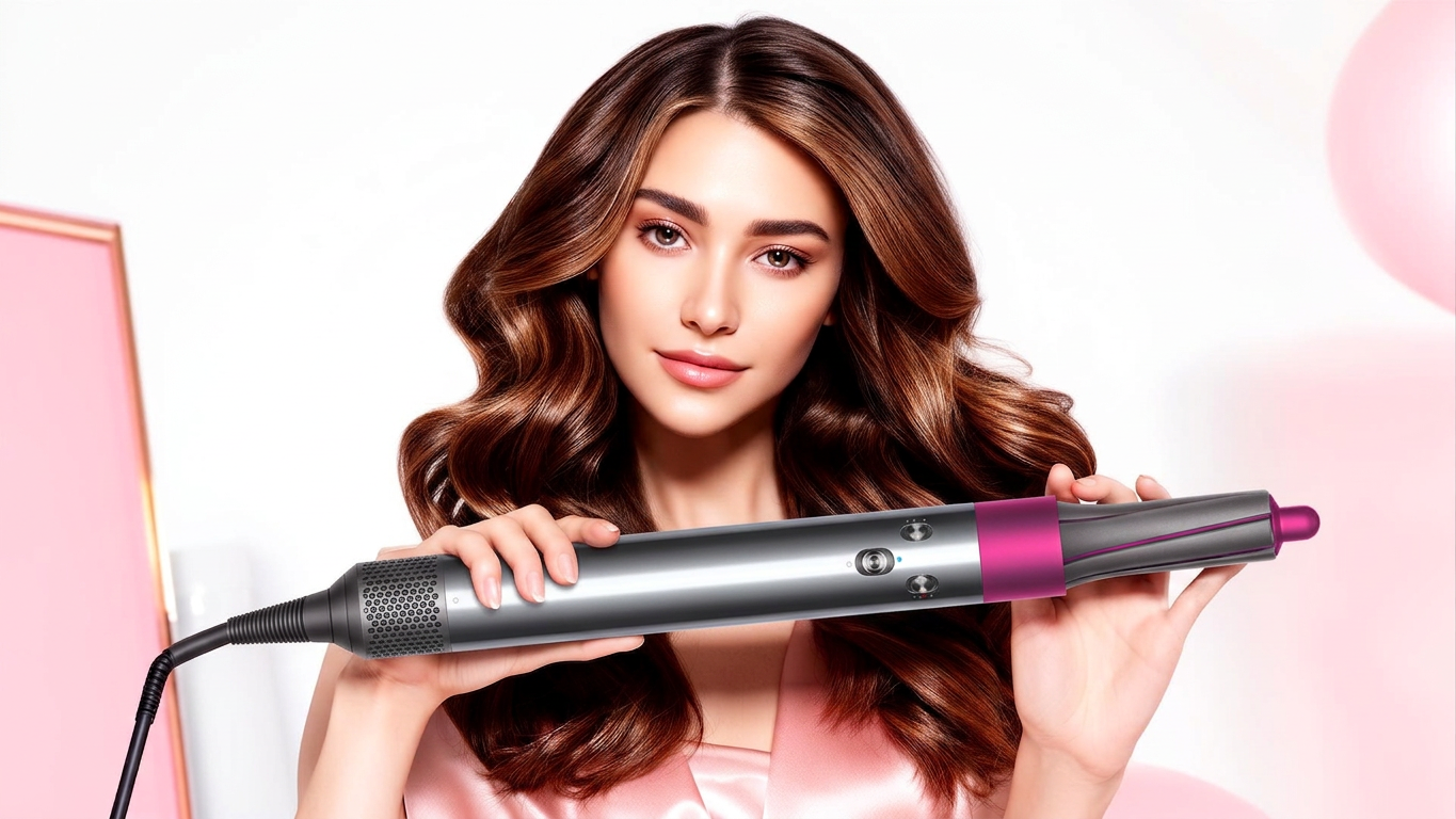 Femme utilisant le Dyson Airwrap Multistyler cheveux raides à ondulés en édition rose